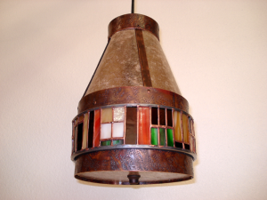 Copper and Stained Glass Pendant Light