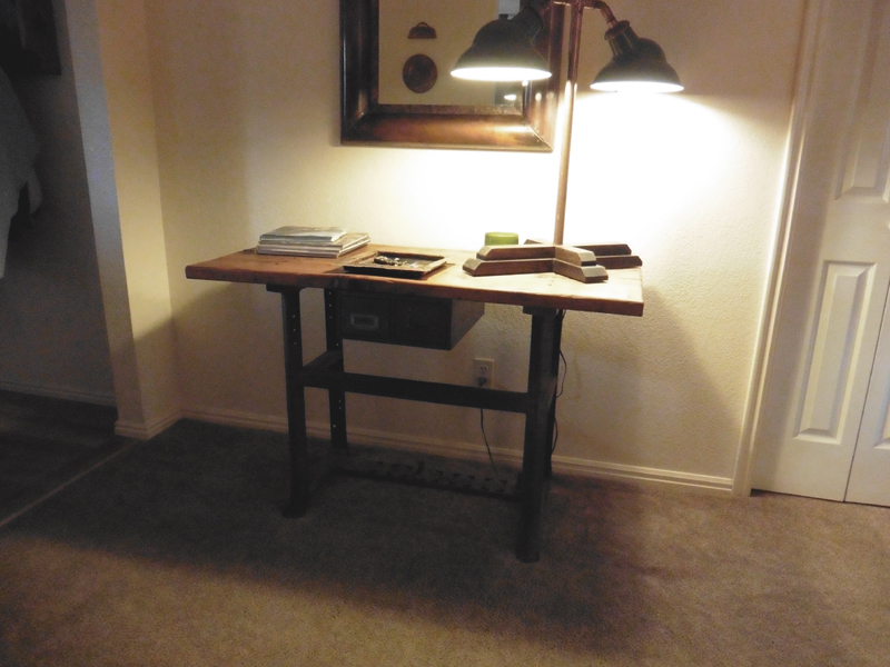 Antique table // industrial sewing machine // entryway addition by Mike Dumas Copper Designs